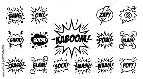 Comic Book Sound Effect Words - Black and White Icons - Vector Art
