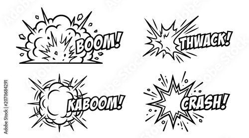 Comic Book Sound Effects - BOOM, THWACK, KABOOM, CRASH - Vector Line Art