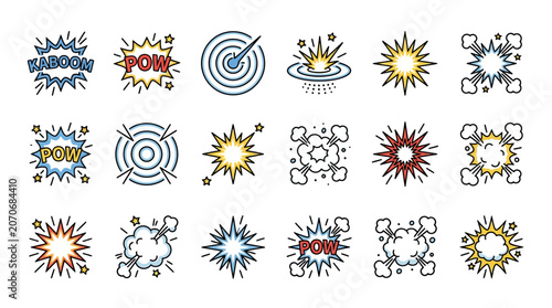 Comic Book Style Explosion & Impact Icons - POW, KABOOM, Burst, Target
