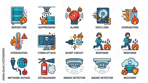 Concept icons for IT & Cyber Security Threats: Fire, Alarm, Data Loss, Cyber Attack, Outage