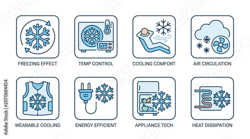 Cooling Technology Icons: Freezer, AC, Fan, Vest, Fridge, Heat