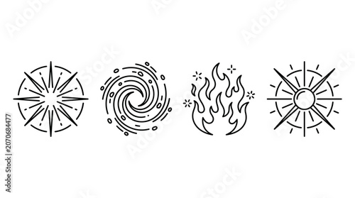 Cosmic Elements: Starburst, Galaxy, Fire, Sun Icons