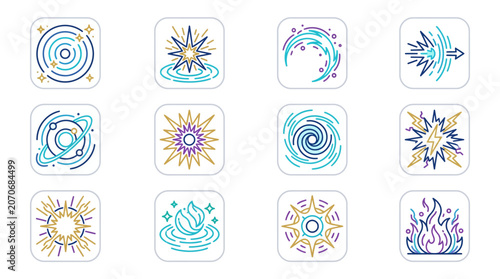 Cosmic Energy Icons: Stars, Planets, Swirls, Explosions, Fire, Water