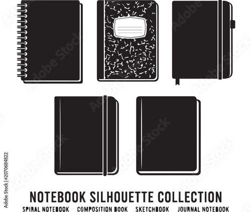Notebooks of various styles including spiral and composition books are arranged in a clean black and white silhouette collection for stationary.