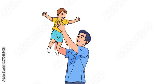 Happy father lifting and playing with his laughing young son