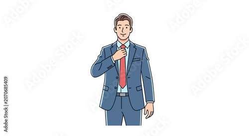 Successful businessman in blue suit and red tie adjusting his necktie on white background
