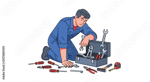 Repairman searching for tools in his toolbox to fix a problem.