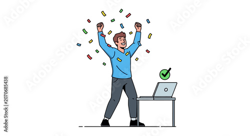 Successful businessman celebrating achievement with confetti falling around him.