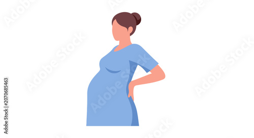 A pregnant woman experiencing back pain, isolated on a white background.