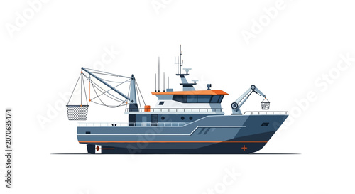 Industrial Fishing Boat Illustration with Nets and Crane
