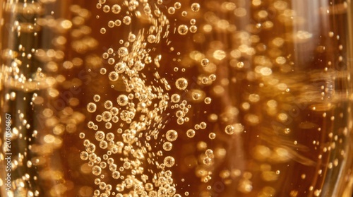 Close up of golden champagne liquid with fizzing bubbles