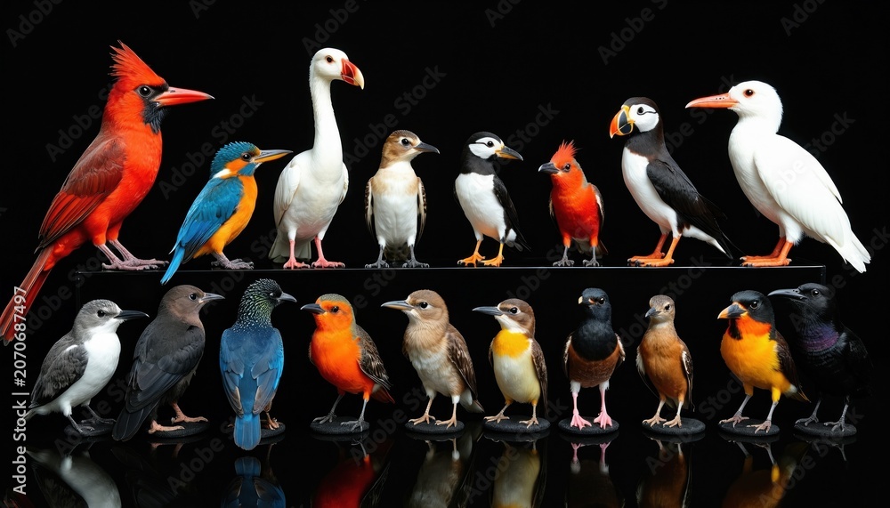 Naklejka premium Scientific collection displays sixteen diverse bird species in studio portrait. Features cardinal kingfisher swan puffin macaw flamingo owl hummingbird crow robin goldfinch duck birds with vibrant