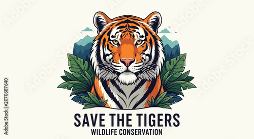 Canvas Print Majestic Tiger Head Illustration with Save The Tigers Wildlife Conservation Slog