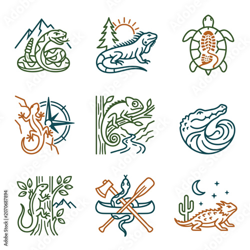 Canvas Print Wild Animals & Nature Icons: Reptiles, Turtle, Snake, Lizard, Compass, Canoe