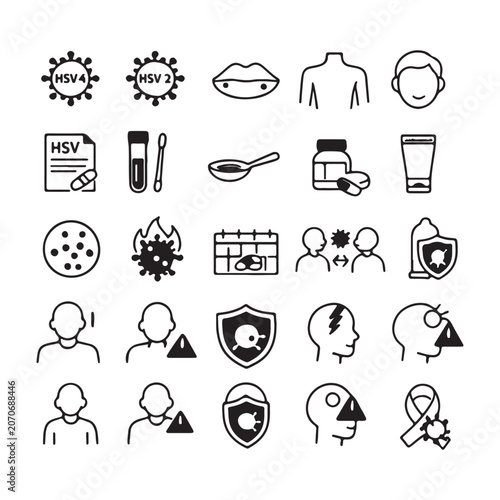Herpes Simplex Virus and Medical Health Line Icons Set, Thin Outline Vector Illustrations for HSV Symptoms, Testing, and Healthcare Concepts