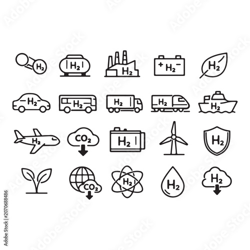 Hydrogen Energy and Eco Technology Line Icons Set, Thin Outline Vector Illustrations for Renewable Power, Clean Fuel, and Sustainable Industry Concepts