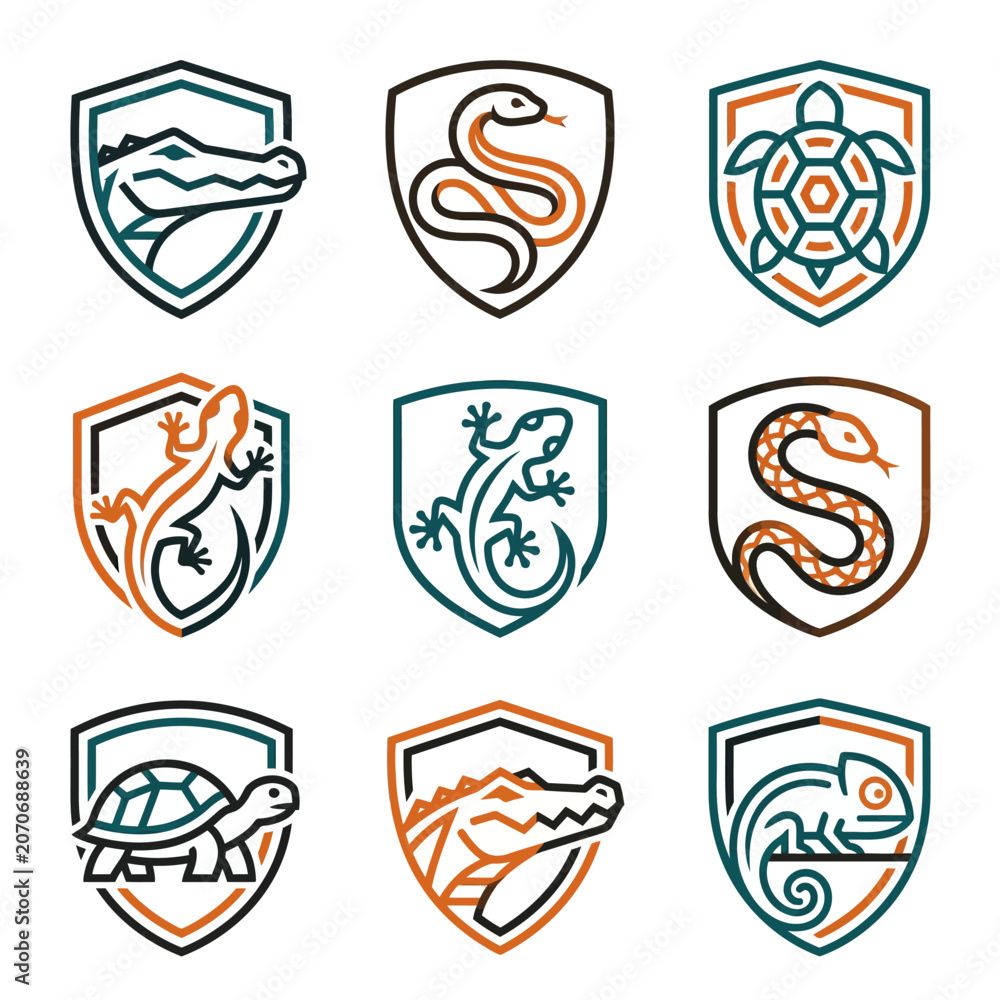 Obraz premium Reptile Emblems: Crocodile, Snake, Turtle, Lizard, Chameleon Icons