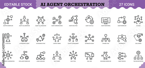 Bild auf Leinwand PrintAI Agent Orchestration Icon Set - 27 Editable Vector Icons for Multi-Agent Systems & Automation