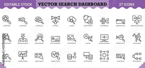 Fotografie PrintVector Search Dashboard Icon Set - 27 Editable Vector Icons for AI Search & Data Embedding