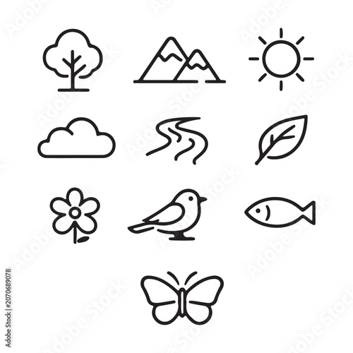 Collection of Nature, Environment, and Wildlife Line Icons, Thin Style Vector Illustrations for Ecology, Outdoors, and Natural Landscapes