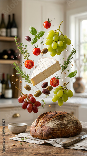 Fresh bread loaf with flying ingredients like grapes tomatoes herbs and cheese on a rustic wooden kitchen table for healthy food