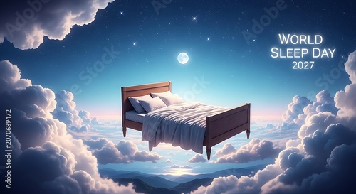 Floating wooden bed soars above dreamy clouds under a full moon and celebrating restful sleep with serene nighttime tranquility