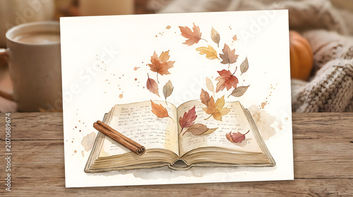 Open book with floating autumn leaves and a cinnamon stick on a wooden table for a cozy fall reading concept