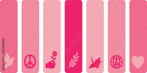 Obraz na płótnie Collection of pink symbols representing peace, love, and hope, including a dove, peace sign, flower, olive branch, origami crane, and heart