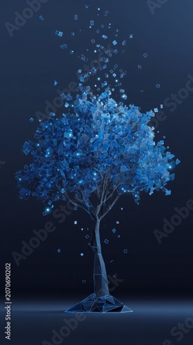 Glowing blue polygon tree with floating square particles in dark abstract scene