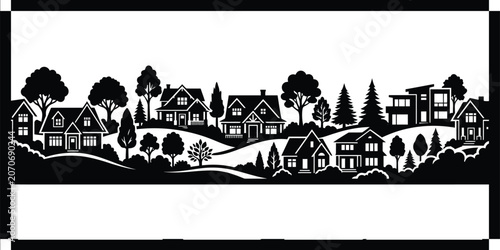 Black and white illustration of a small town by the water with houses and trees