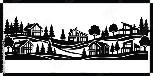 Black and white illustration of houses on a hillside with trees