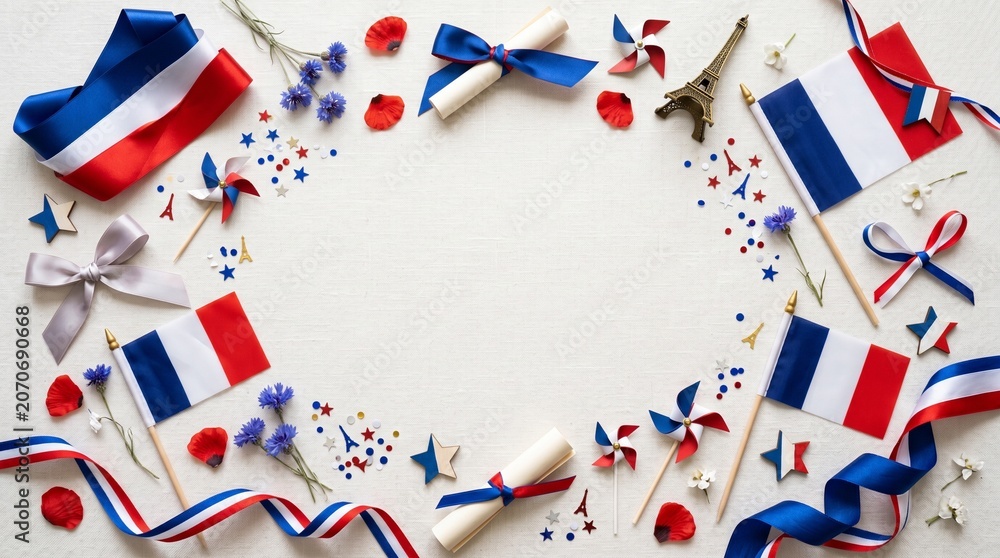 Obraz premium Bastille Day French National Day Celebration Flat Lay with Copy Space
