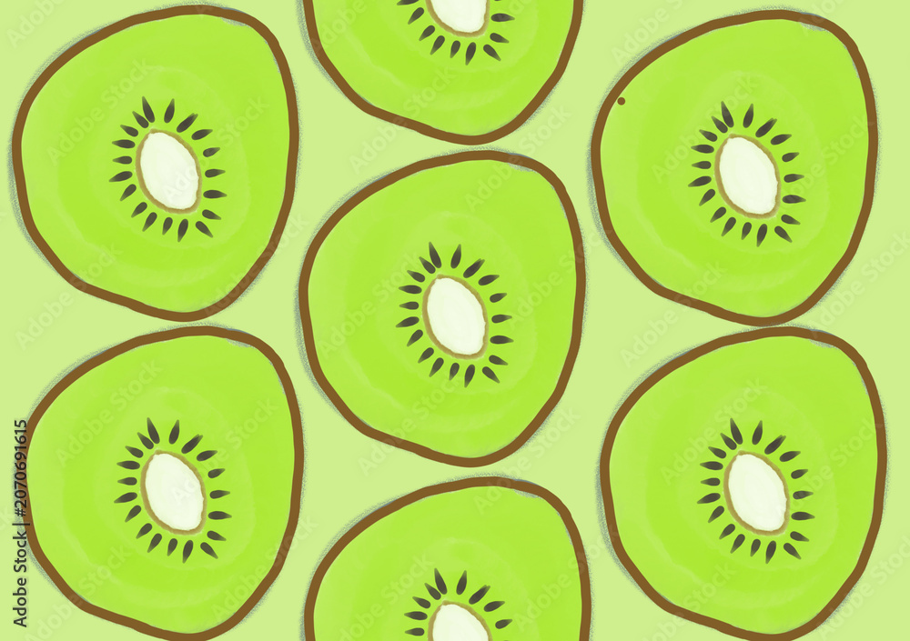 Fototapeta premium Round kiwi slices display bright green flesh. Dark seeds dot each vibrant center. Simple lines frame each fruit's circular edge. Background mirrors the fresh, fruity tone. Perfect for health, snack