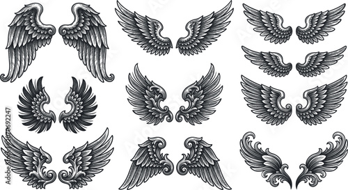 Cuadro en lienzo Vintage angel wings engraving sketch vector set, heraldic eagle feathers tattoo