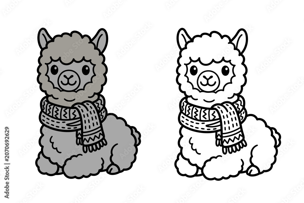 Fototapeta premium Colouring page of two adorable alpacas wearing scarves for kids colouring book