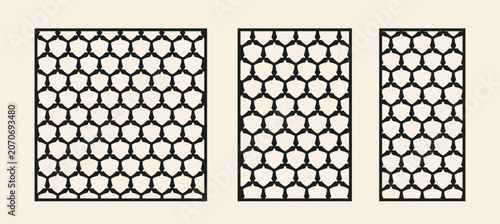 Laser cut pattern template. Vector CNC router panels with geometric shield lattice. Decorative privacy screens for interior partition
