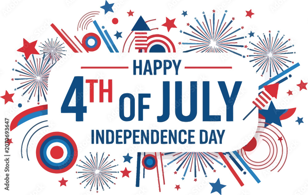 Obraz premium Fireworks illustration frames the Fourth of July text with vibrant red and blue bursts and geometric circles.