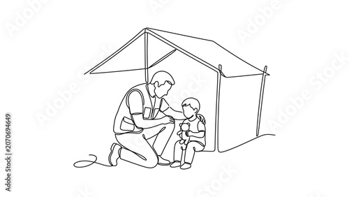 Obraz na plátně Continuous line drawing of a caring adult comforting a small child inside a makeshift tent