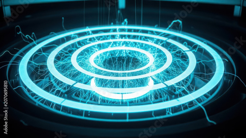 A futuristic holographic interface with concentric blue rings and intricate energy patterns in.