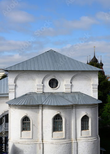 A fragment of the white walls of a medieval Transfiguration Cathedral of the 17th century in Yaroslavl, Russia