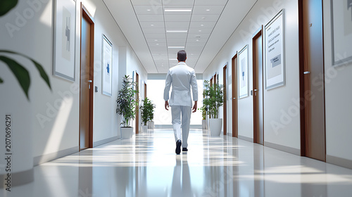 A doctor walks down a long hospital corridor with doors and plants