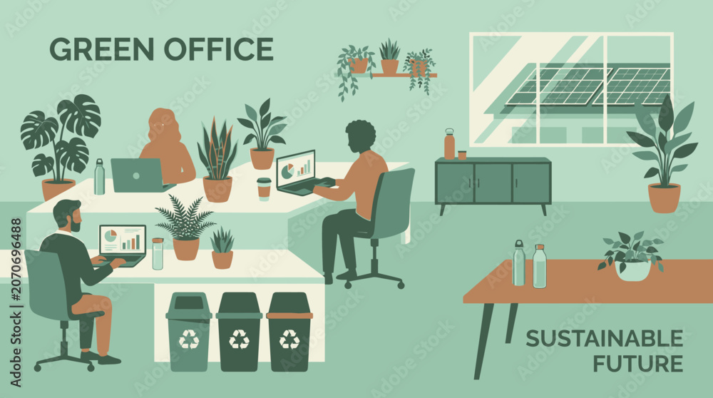 Naklejka premium People work sustainably in a green office with plants and technology