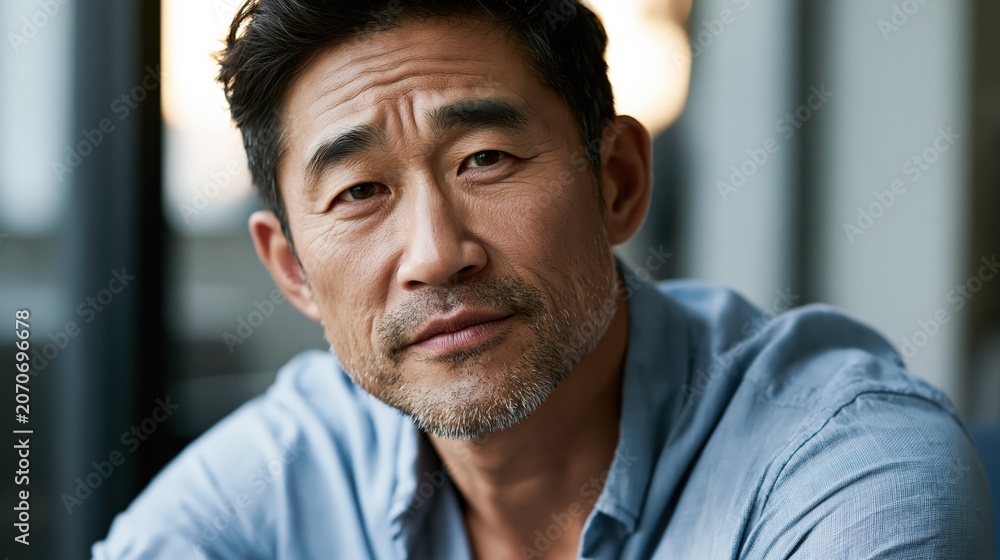Naklejka premium Invisible Illness Workplace Middle Aged East Asian Athletic Man Care