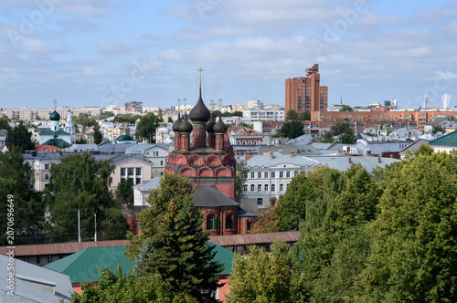 View of the city of Yaroslavl with the Church of the Epiphany in the foreground and a panorama of modern buildings to the horizon