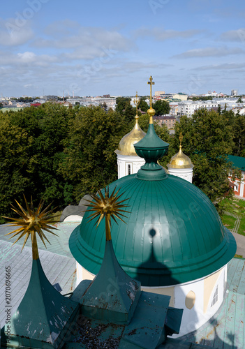 Aerial view of the decorations and crosses of the medieval Church of the Resurrection in Yaroslavl, Russia