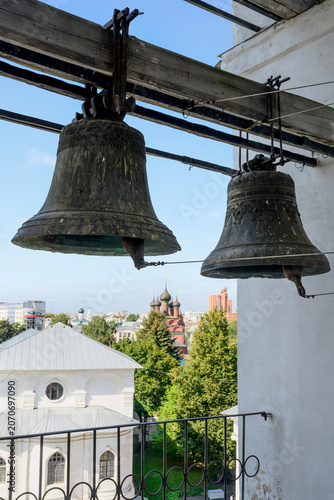 Bells on the belfry of the medieval Spaso-Preobrazhensky Monastery in Yaroslavl, Russia