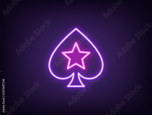 Outline neon poker spade, violet magenta. Neon spade suit with star icon, outline silhouette. Royal poker game, spades ace, play card suit, poker superstar, casino playroom, jackpot. Vector