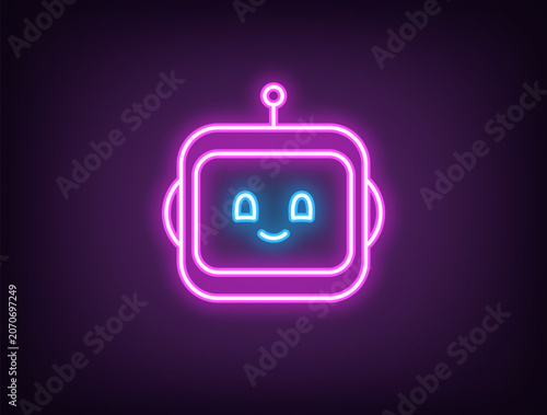 Outline neon chat bot, magenta blue. Neon robot face with cute smile. Friendly virtual assistant, smart bot with AI algorithms, chatbot technology for business tasks, digital helper. Vector