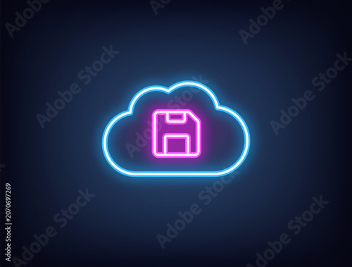 Outline neon cloud storage, blue magenta. Neon cloud with diskette icon, cloud technology and security. Remote data storage, file save backup server, virtual database for safe update. Vector