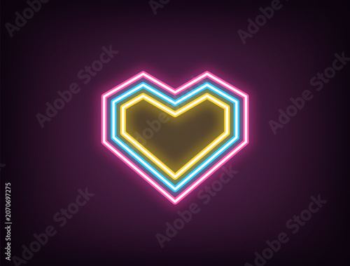 Outline neon geometric heart, pink blue yellow. Neon angular heart with concentric outline silhouette. Digital love, romantic symbol, retro heart sign, geometric angular shape, amour. Vector